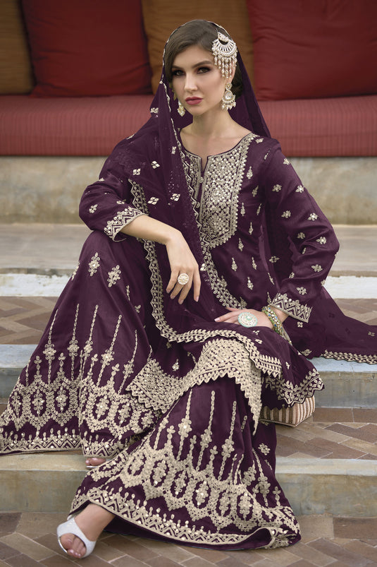 Silk Fabric Wine Color Festive Wear Embroidered Readymade Designer Sharara Style Salwar Kameez