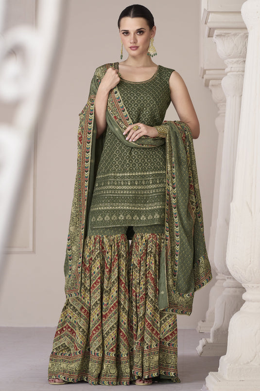 Olive Color Art Silk Fabric Embroidered Function Wear Readymade Sharara Style Salwar Suit
