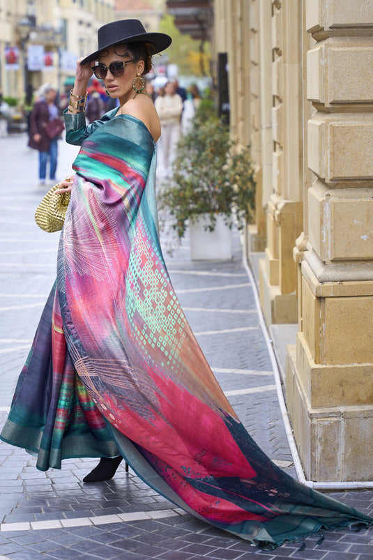 Silk Fabric Digital Printed Multi Color Wedding Wear Saree With Designer Blouse