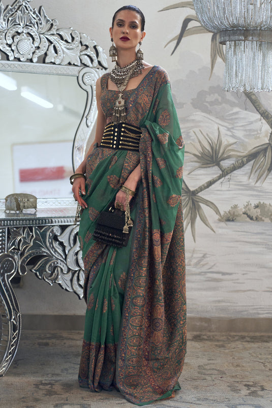 Art Silk Fabric Festive Wear Dark Green Color Fancy Printed Saree