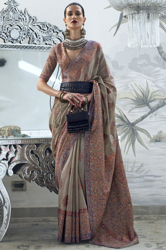 Dark Beige Color Art Silk Fabric Printed Festive Wear Fancy Saree