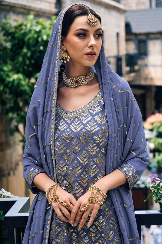 Blue Color Georgette Fabric Fancy Embroidered Function Wear Readymade Punjabi Style Salwar Kameez