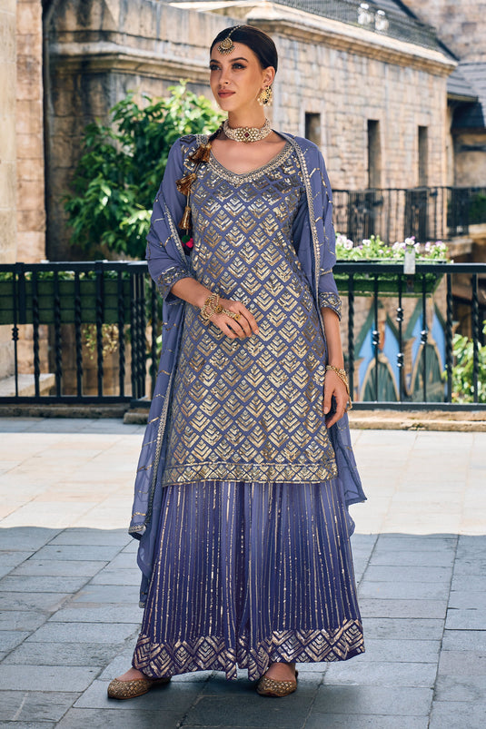 Blue Color Georgette Fabric Fancy Embroidered Function Wear Readymade Punjabi Style Salwar Kameez