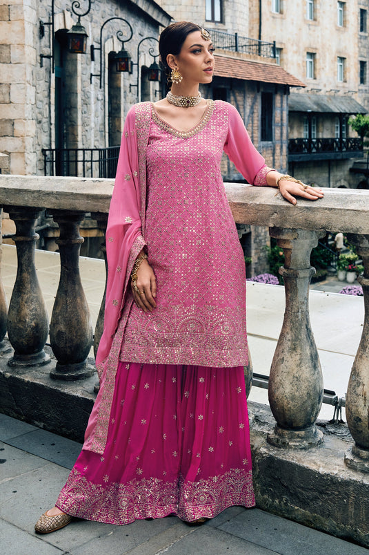 Georgette Fabric Pink Color Festive Wear Embroidered Readymade Pakistani Style Dresses