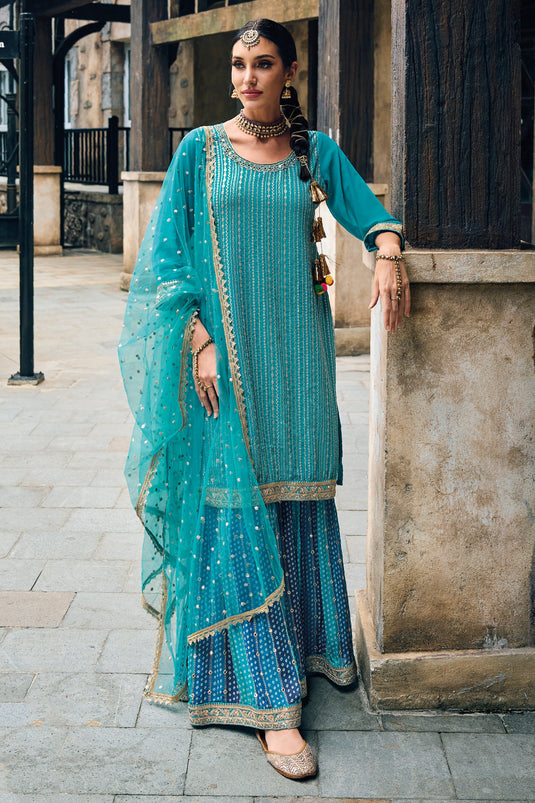 Cyan Color Party Wear Embroidered Readymade Punjabi Style Salwar Kameez In Georgette Fabric