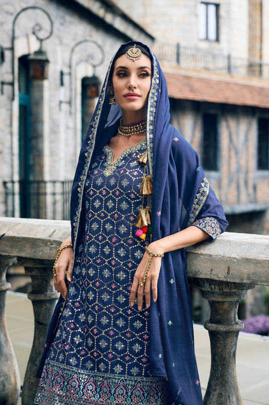 Sangeet Wear Embroidered Readymade Punjabi Style Salwar Kameez In Georgette Fabric Navy Blue Color