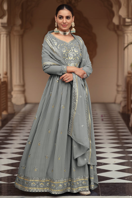 Georgette Fabric Grey Color Festive Wear Embroidered Readymade Anarkali Salwar Kameez