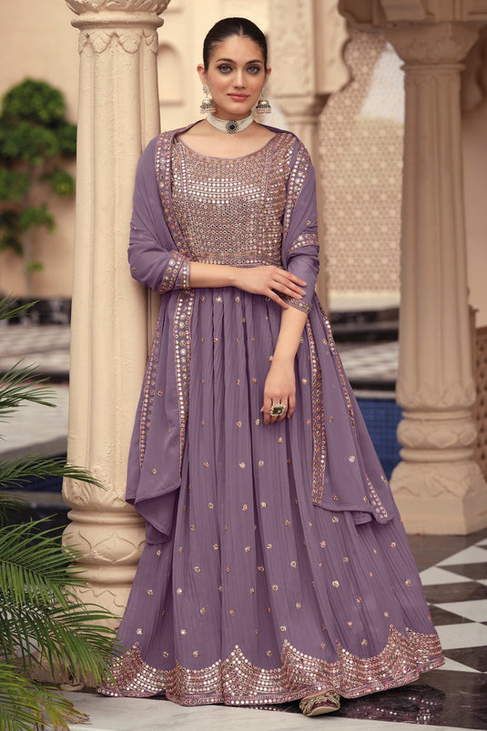 Purple Color Party Wear Embroidered Readymade Anarkali Salwar Suit In Georgette Fabric