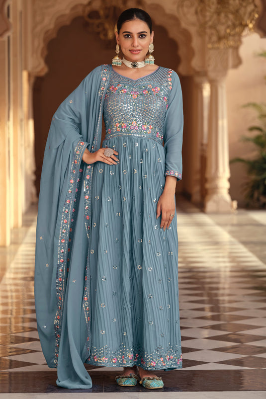 Sangeet Wear Embroidered Readymade Anarkali Salwar Kameez In Georgette Fabric Light Cyan Color
