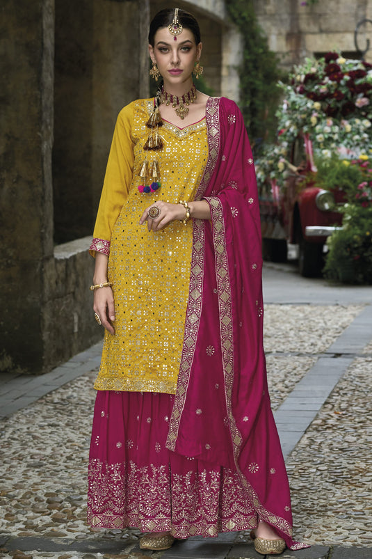 Yellow Color Art Silk Fabric Fancy Embroidered Function Wear Readymade Palazzo Salwar Suit