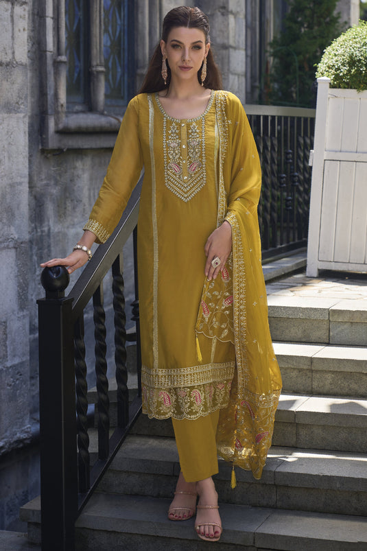 Mustard Color Organza Fabric Fancy Embroidered Function Wear Readymade Straight Cut Salwar Suit