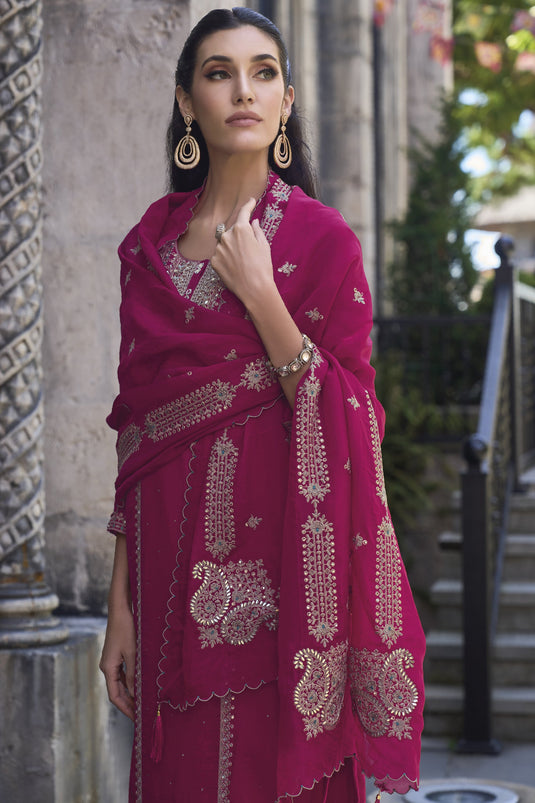Rani Color Function Wear Embroidered Readymade Straight Cut Salwar Suit In Organza Fabric