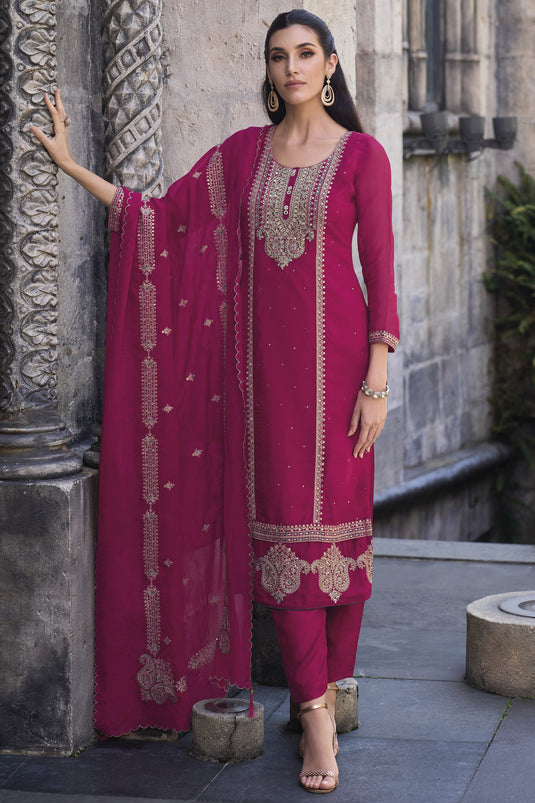 Rani Color Function Wear Embroidered Readymade Straight Cut Salwar Suit In Organza Fabric