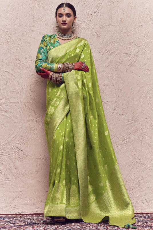 Green Color Art Silk Fabric Fancy Weaving Work Sangeet Wear Saree