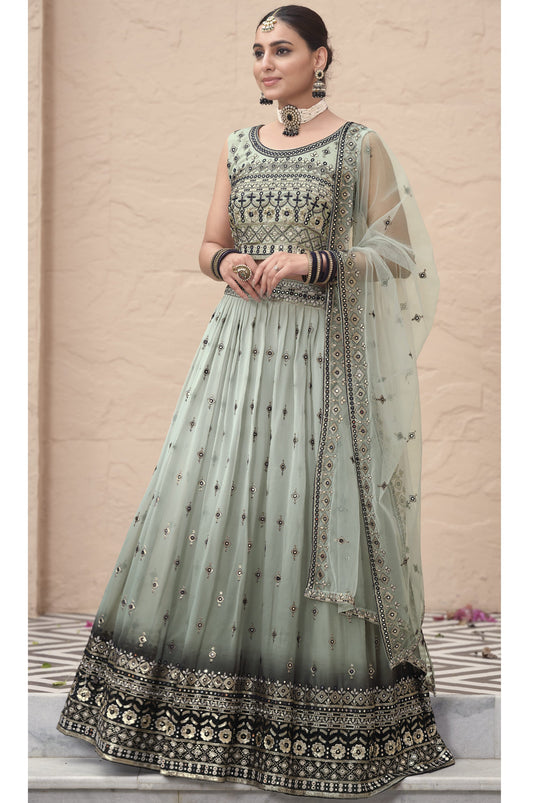 Embroidered Sea Green Sangeet Wear Readymade Lehenga In Georgette Fabric With Designer Choli