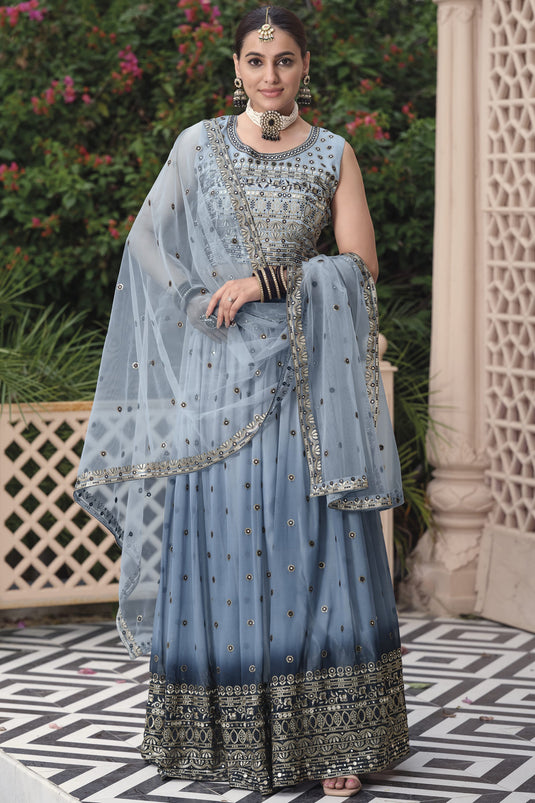 Blue Georgette Reception Wear Readymade Lehenga Choli With Embroidery Work