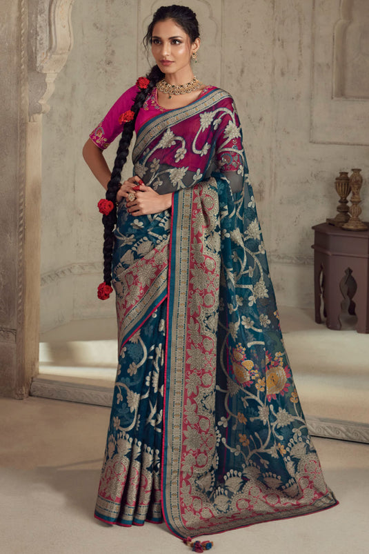 Printed Teal Color Organza Fabric Festive Wear Saree With Embroidered Blouse