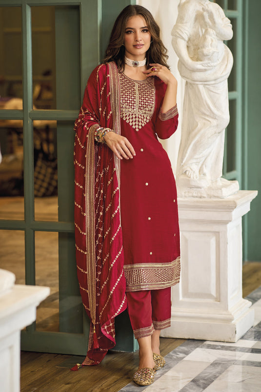 Red Color Art Silk Fabric Fancy Embroidered Function Wear Readymade Salwar Suit