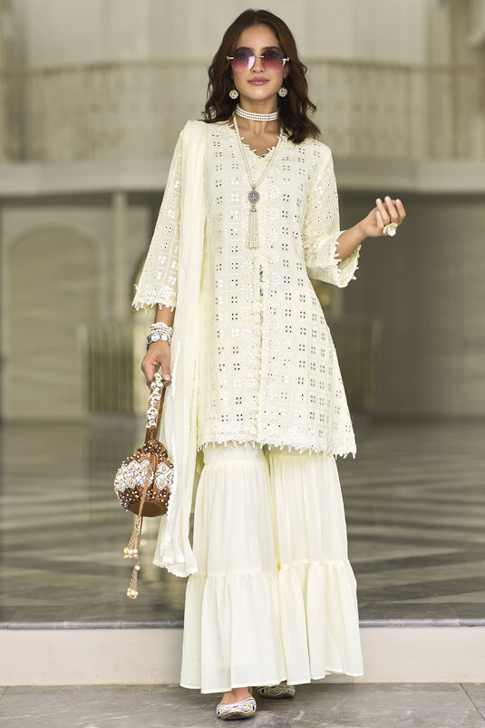 Georgette Fabric White Color Function Wear Embroidered Readymade Palazzo Salwar Kameez