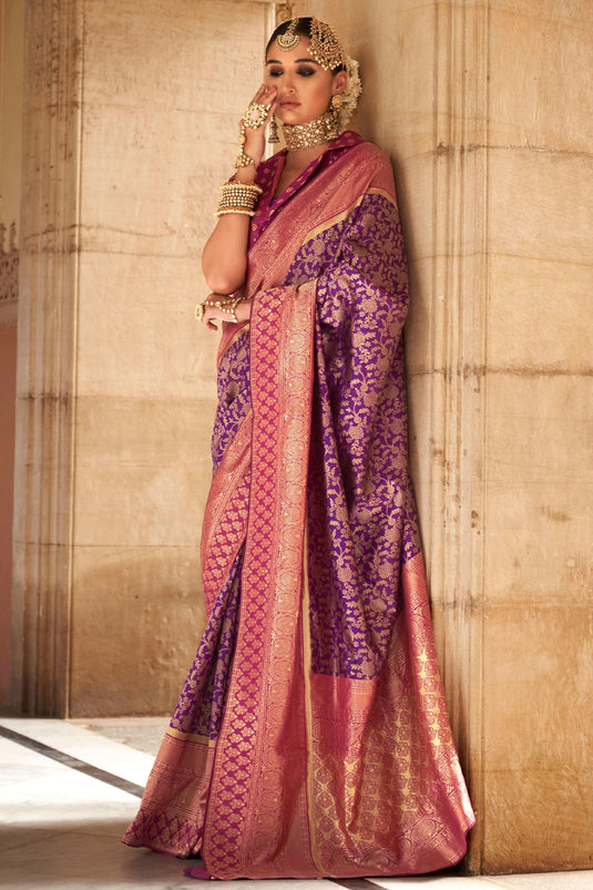 Dazzling Purple Color Art Silk Fabric Weaving Work Function Wear Fancy Saree With Contrast Blouse