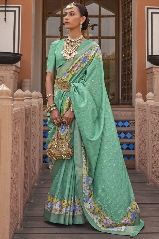 Astonishing Sea Green Color Art Silk Fabric Printed Saree With Same Color Blouse