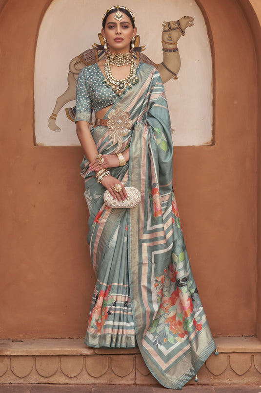 Art Silk Fabric Printed Glamorous Grey Color Saree With Same Color Blouse