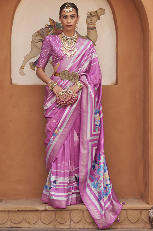 Eye Captivating Pink Color Art Silk Fabric Printed Saree With Same Color Blouse