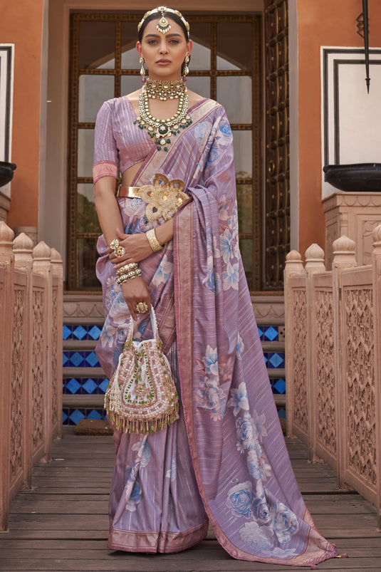 Glorious Look Printed Art Silk Fabric Lavender Color Saree With Same Color Blouse