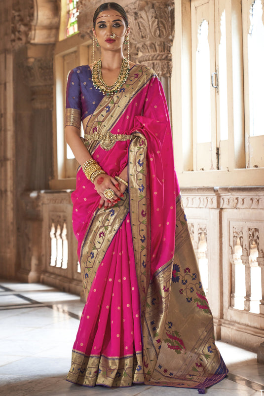 Weaving Work Rani Color Fabulous Art Silk Fabric Kasta Style Saree With Contrast Blouse