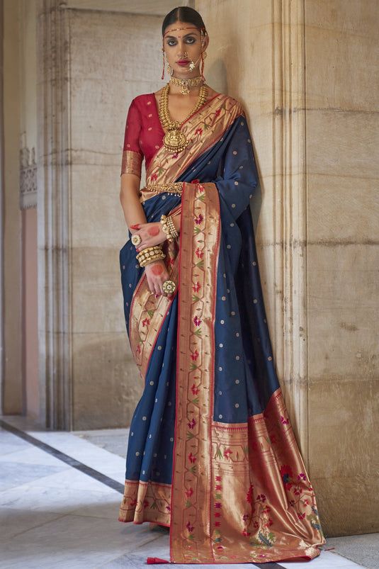 Attractive Weaving Work Navy Blue Color Art Silk Fabric Nauvari Style Saree With Contrast Blouse