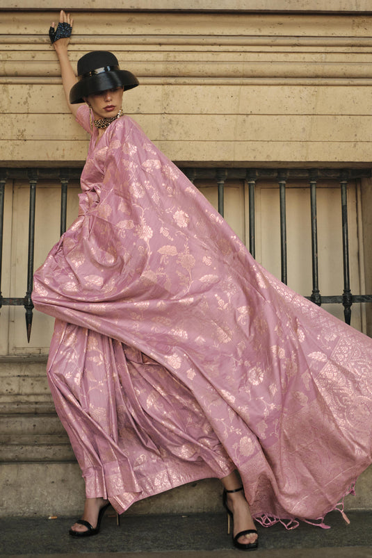 Weaving Work Pink Color Fabulous Art Silk Fabric Saree With Same Color Blouse