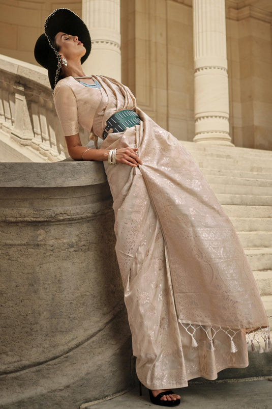 Astonishing Cream Color Art Silk Fabric Weaving Work Saree With Same Color Blouse