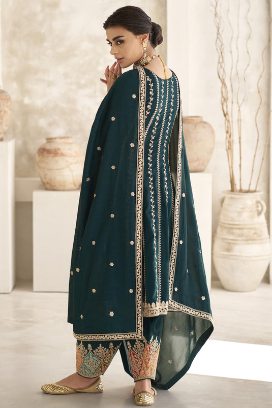 Karva Chauth Special Embroidered Teal Color Readymade Designer Suit In Art Silk Fabric