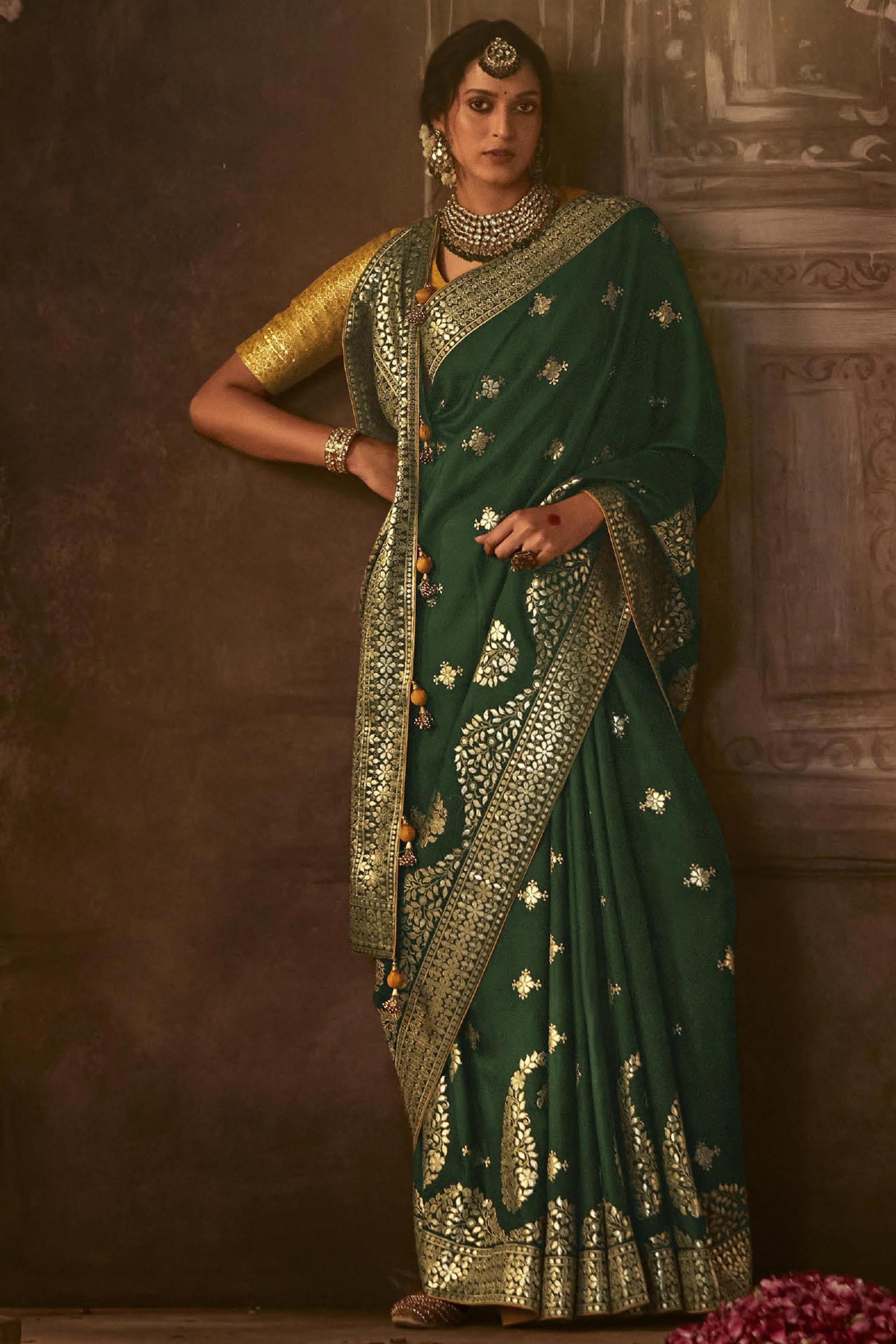 Plain, Printed & Patterned Dark Green Sarees for Sale Across India