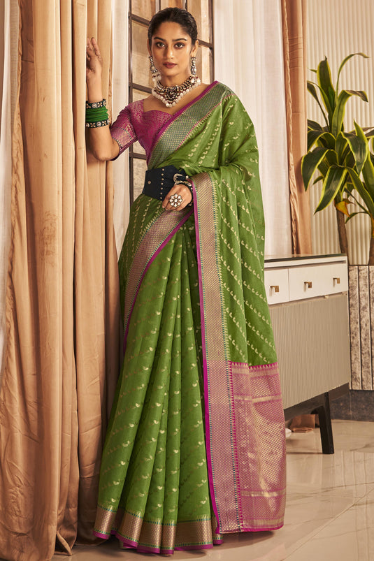 Delicate Weaving Work Green Color Banarasi Organza Silk Saree