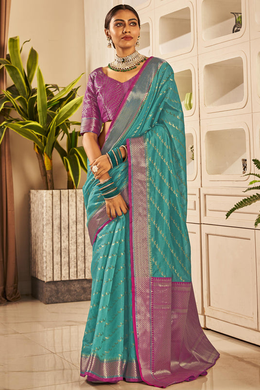 Cyan Blue Paithani Silk Saree - Urban Womania