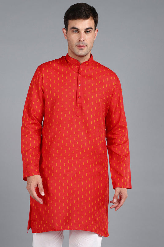 Fancy Red Color Cotton Fabric Function Wear Readymade Kurta For Men
