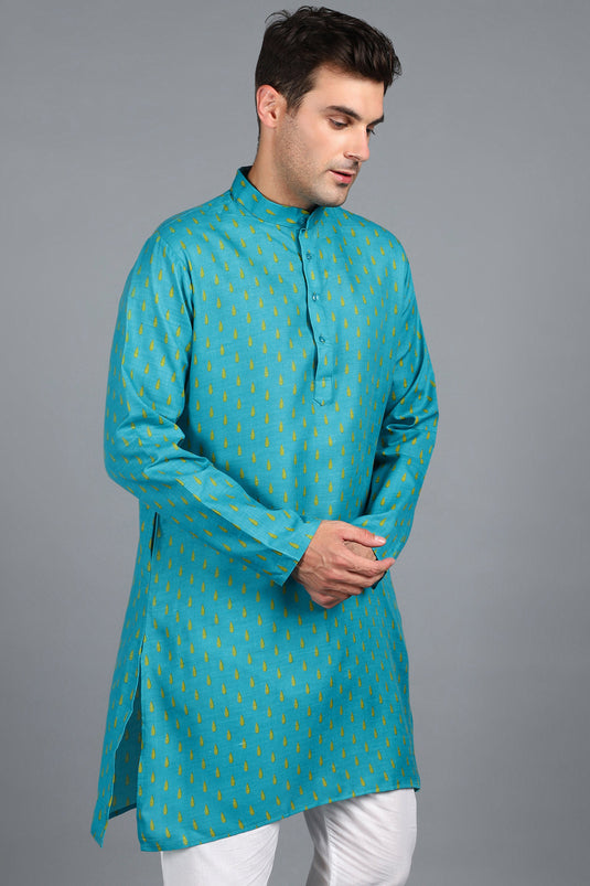 Cotton Fabric Cyan Color Festive Wear Readymade Men Stylish Kurta