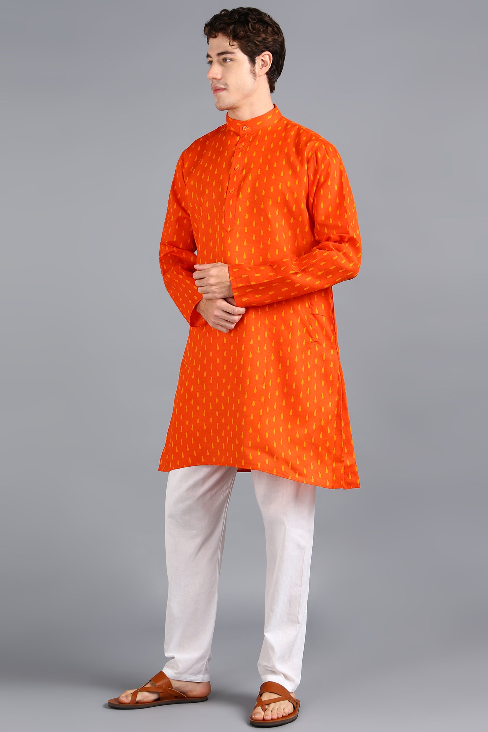 Cotton Fabric Function Wear Readymade Men Kurta In Orange Color