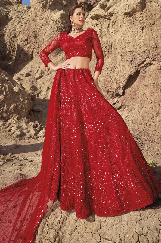 Fancy Work Red Color Bridal Lehenga In Net Fabric With Designer Choli