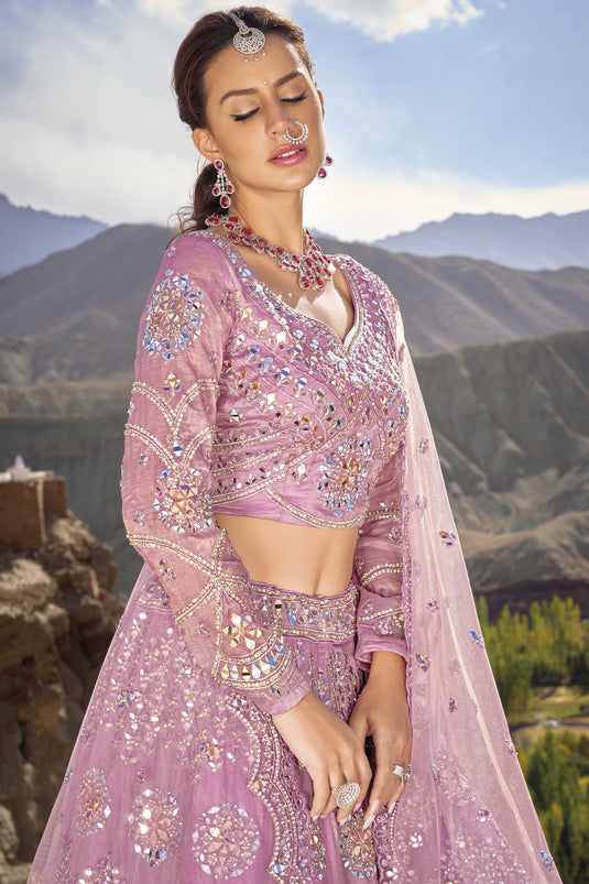 Organza Fabric Wedding Wear 3 Piece Lehenga Choli In Pink Color With Fancy Work