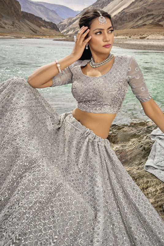 Grey Color Designer Bridal Lehenga Choli With Fancy Work Organza Fabric