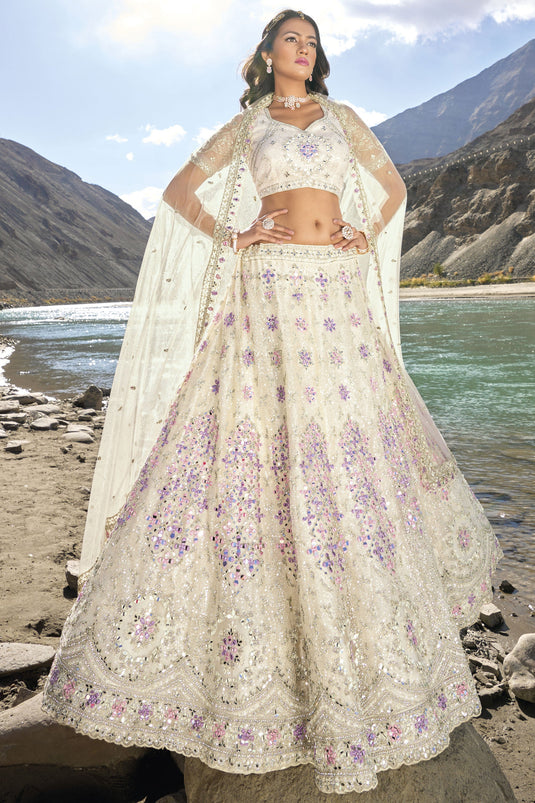 Net Fabric Fancy Work Beige Color Bridal Look Designer Lehenga Choli