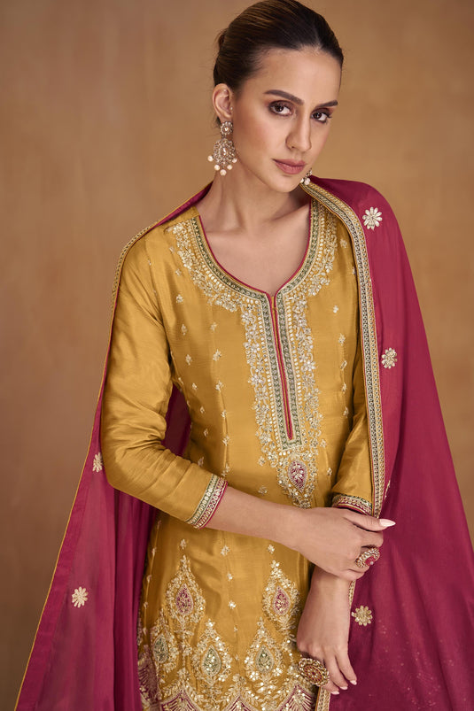 Chinon Fabric Golden Color Embroidered Readymade Palazzo Salwar Suit