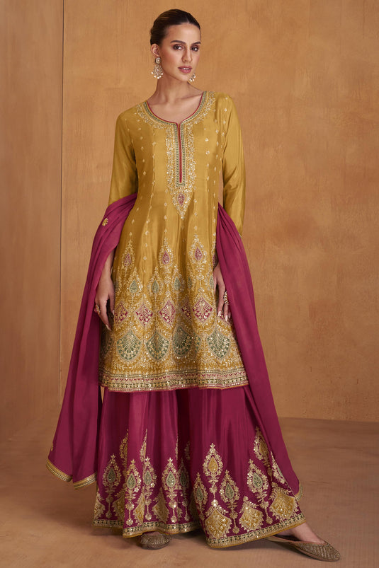 Chinon Fabric Golden Color Embroidered Readymade Palazzo Salwar Suit