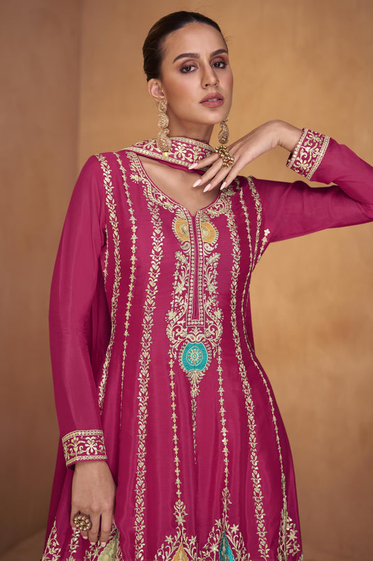 Magenta Color Embroidered Readymade Palazzo Salwar Suit In Chinon Fabric