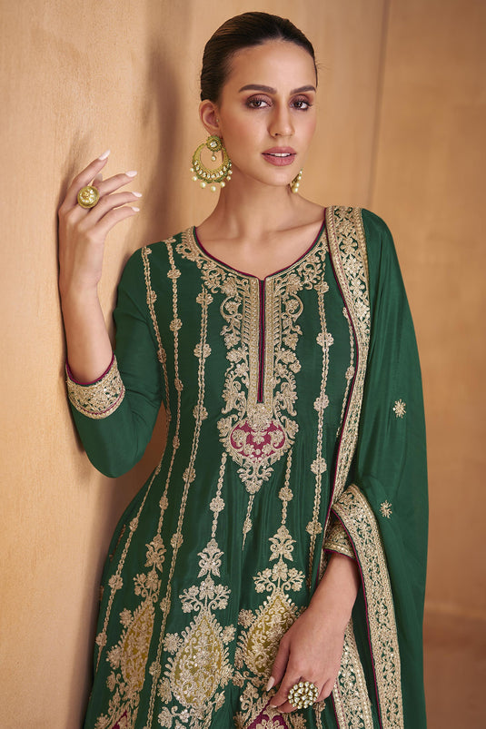 Embroidered Dark Green Color Readymade Designer Salwar Suit In Chinon Fabric