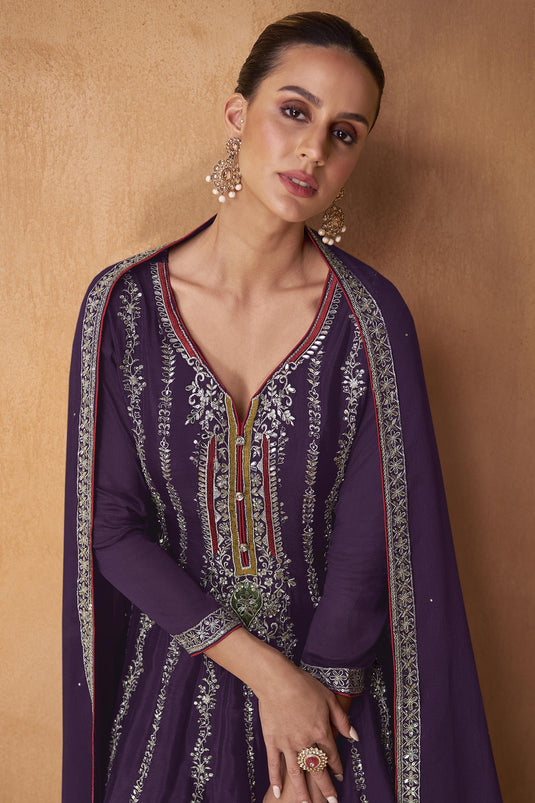 Purple Color Embroidered Chinon Fabric Readymade Designer Salwar Kameez