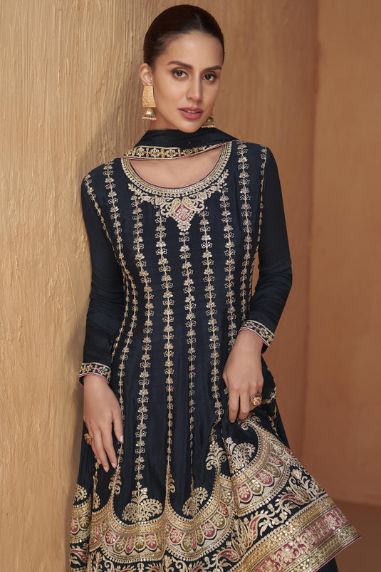 Chinon Fabric Embroidered Readymade Designer Salwar Kameez In Black Color