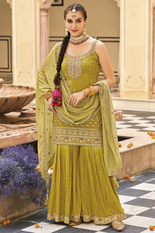 Chinon Fabric Embroidered Readymade Punjabi Palazzo Suit In Mustard Color